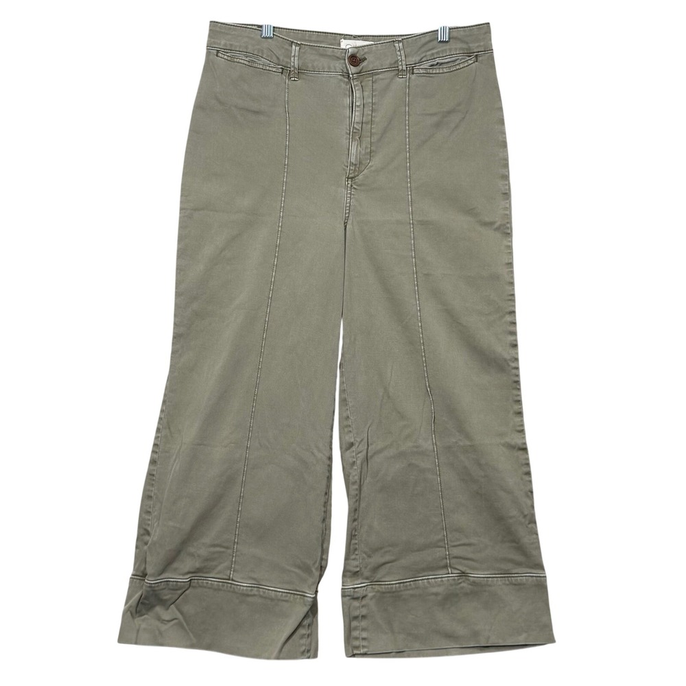 Anthropologie Chino Pants Womens 12 Olive Green Wide Leg High Rise Cropped Seam